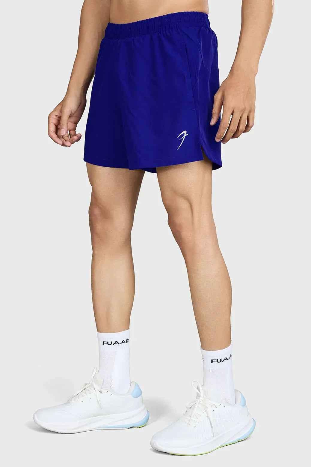 Blue Pulse 4-inch running shorts by Fuaark NZ, lightweight athletic shorts with a comfortable fit for running.