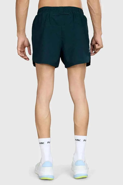 Deep green Pulse 4-inch running shorts by Fuaark Nz, lightweight athletic shorts with a comfortable fit for running.
