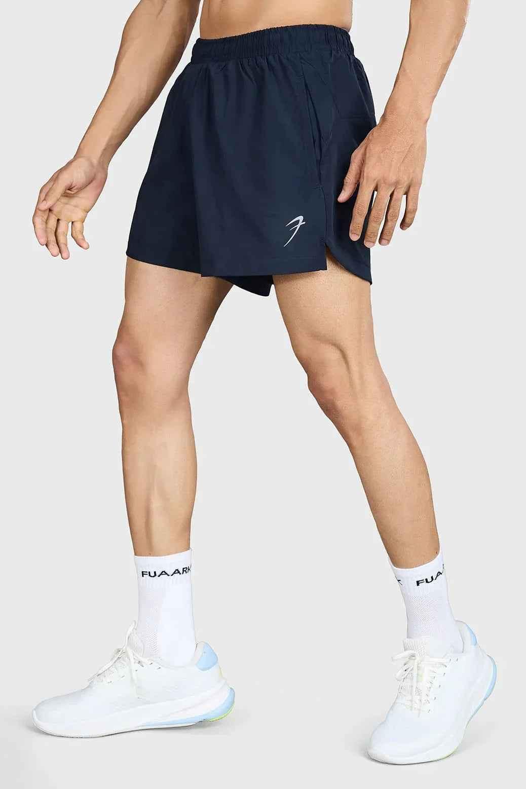 Fuaark Nz Pulse 4-inch navy running shorts, lightweight athletic shorts with elastic waistband and breathable fabric.