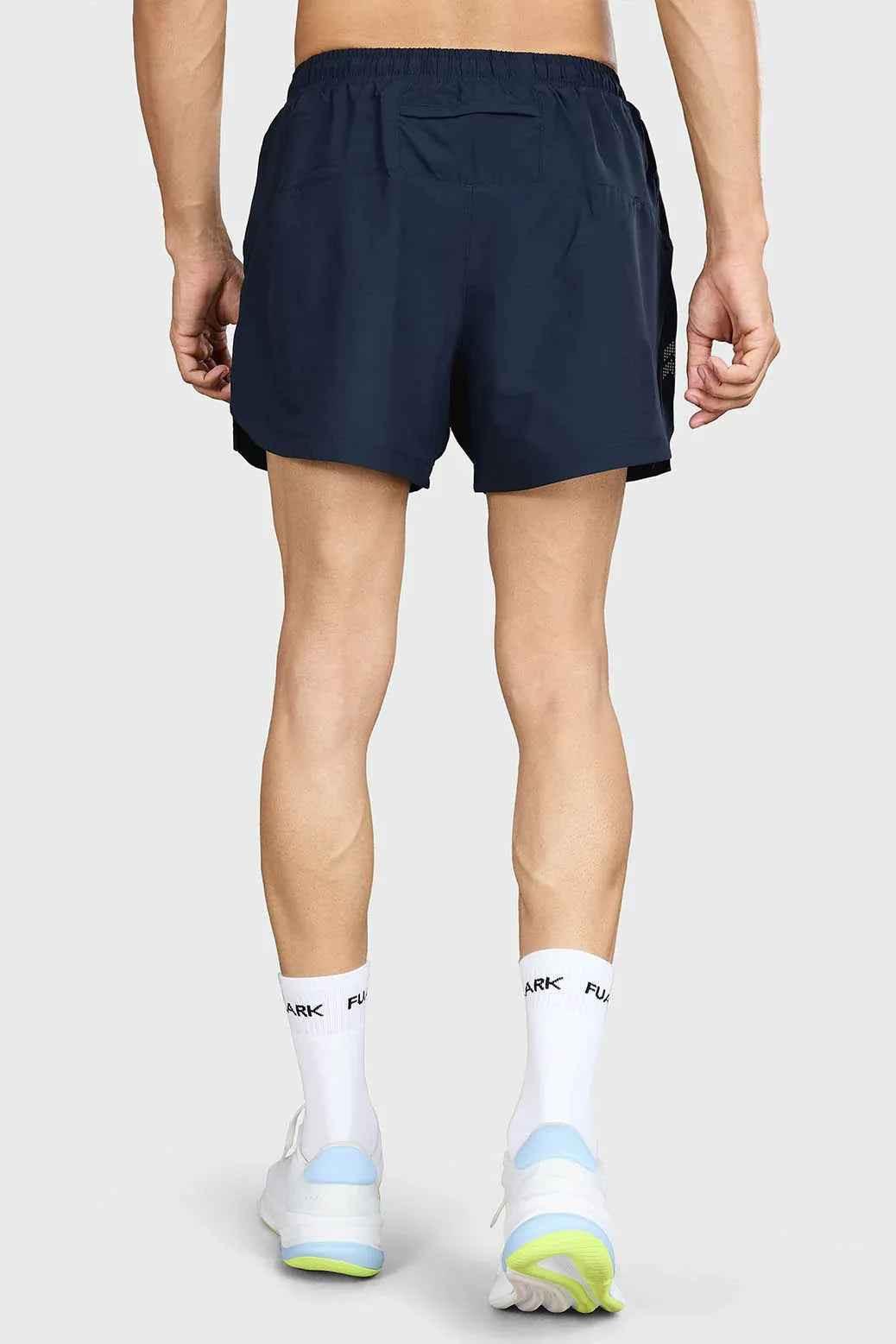 Fuaark Nz Pulse 4-inch navy running shorts with elastic waistband and lightweight fabric for athletic activity.