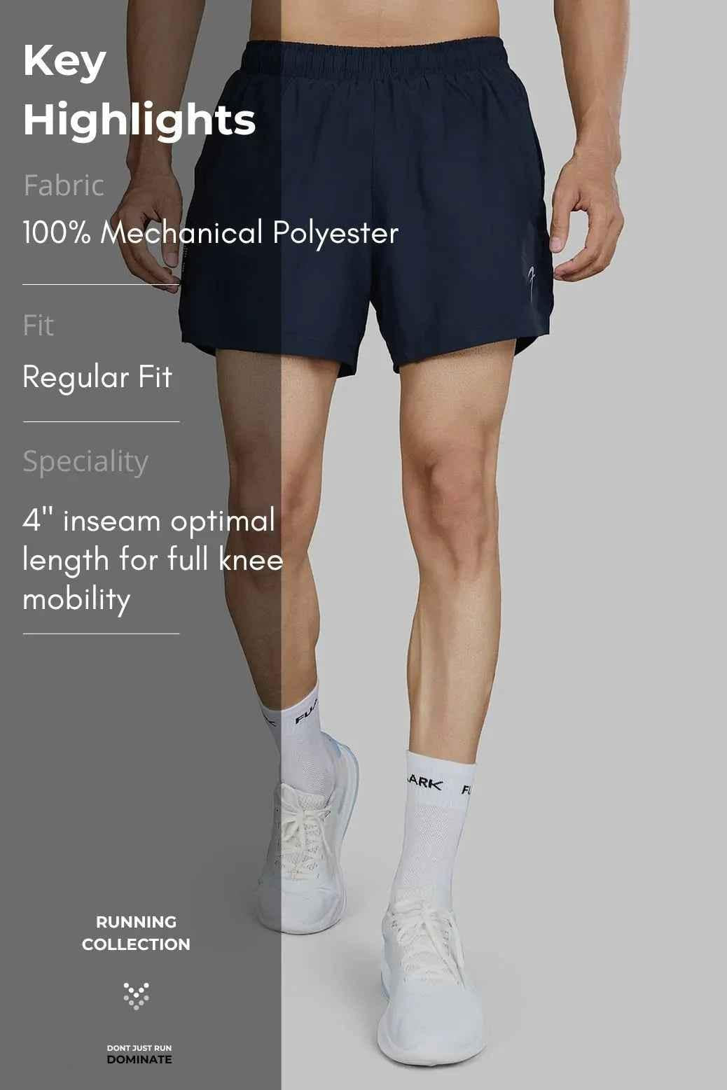 Fuaark Nz Pulse 4-inch navy running shorts, lightweight athletic shorts with side pockets and elastic waistband.