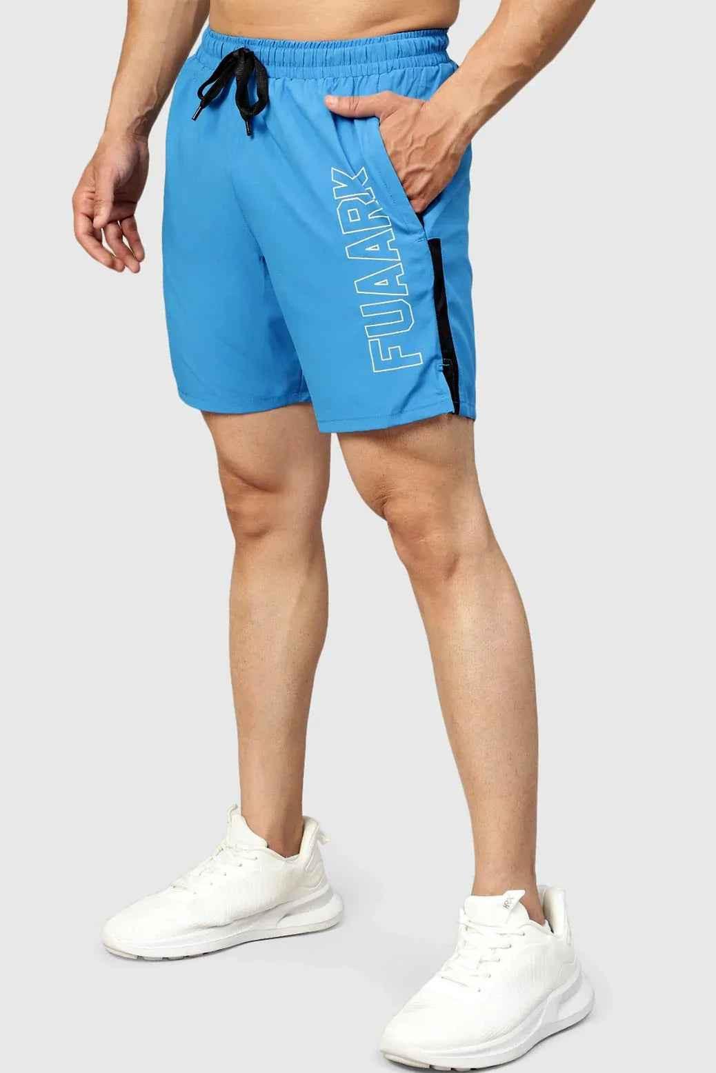 Sky blue Fuaark Nz studio shorts, lightweight and comfortable for casual wear, featuring a relaxed fit and stylish design.