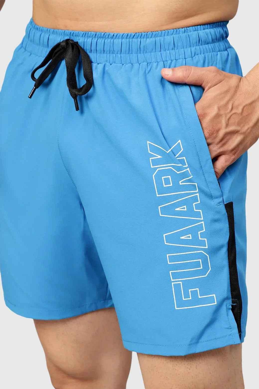Sky blue Fuaark Nz studio shorts, lightweight and comfortable for casual wear, featuring a relaxed fit and stylish design.