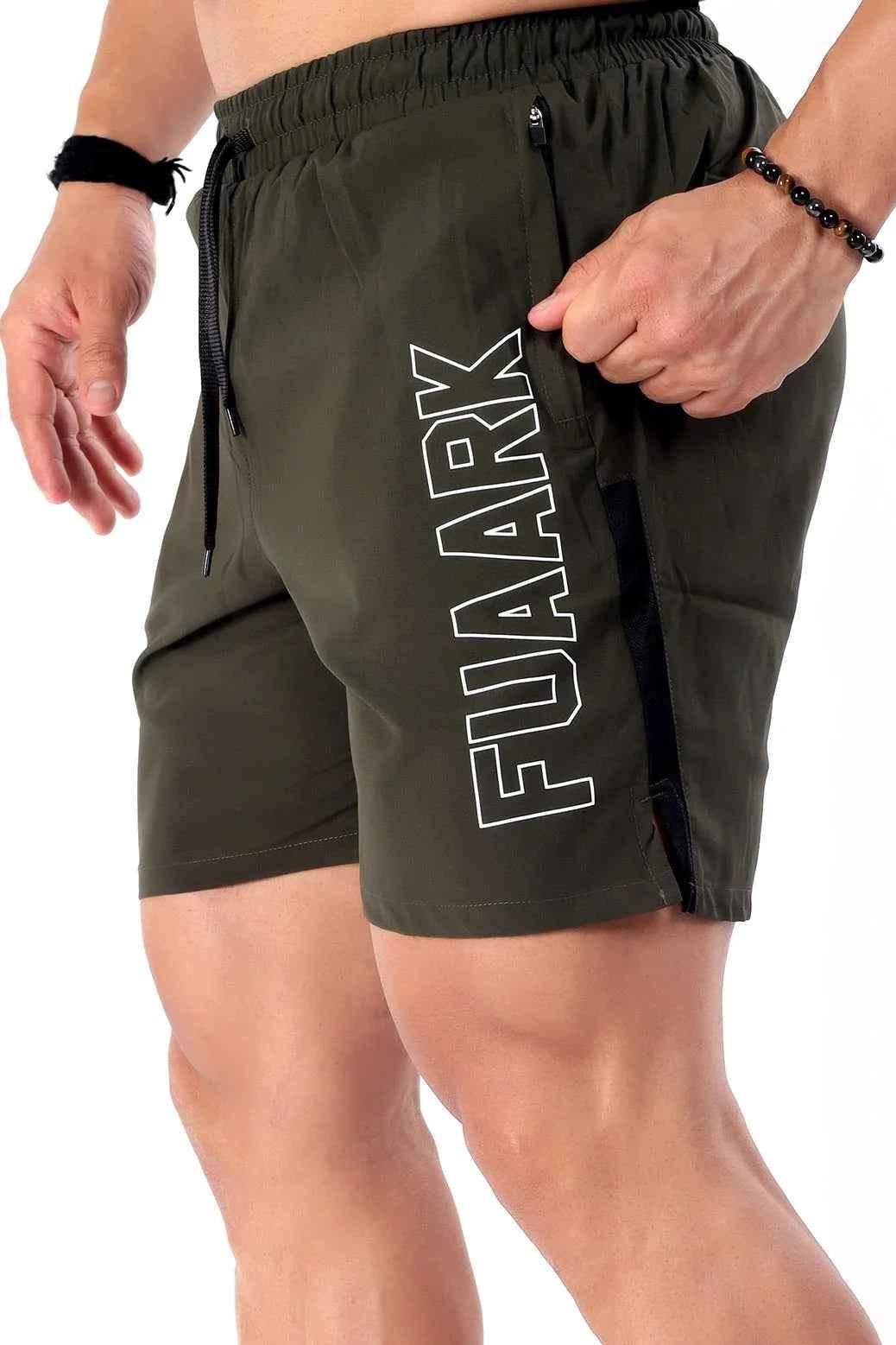 Olive green Studio Shorts by Fuaark Nz, lightweight casual shorts with a relaxed fit and adjustable waistband.
