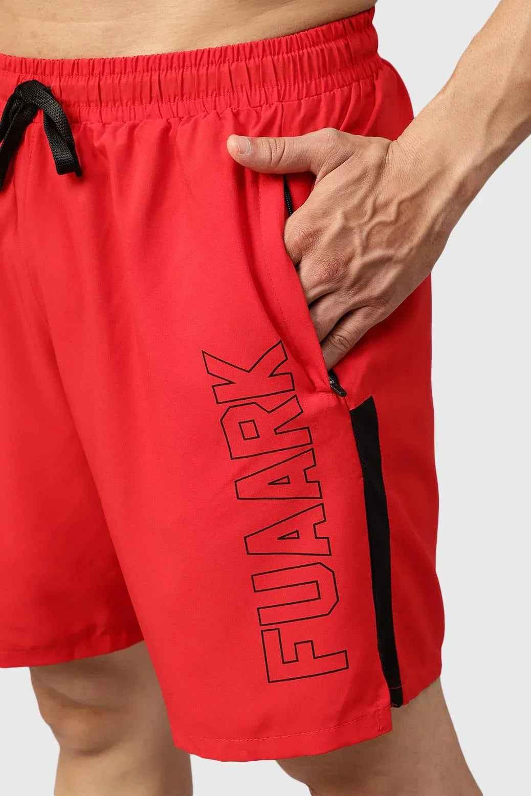 Red Fuaark Nz Studio Shorts laid flat showing their relaxed fit and casual style for comfortable everyday wear.