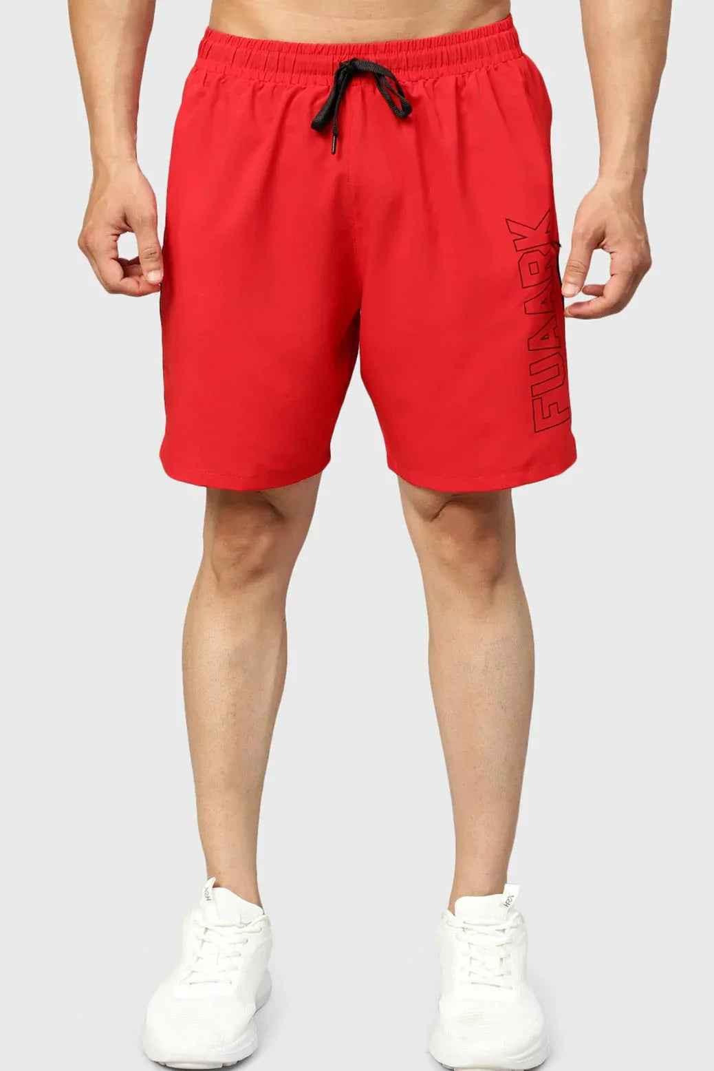 Red Studio Shorts by Fuaark Nz, casual shorts with a comfortable fit, shown on a model in a relaxed pose.