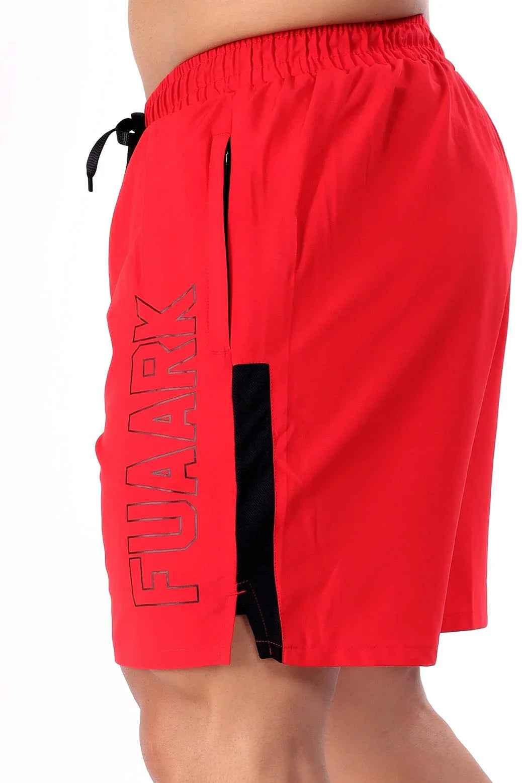 Fuaark Nz Studio Shorts in vibrant red, casual fit with elastic waistband, displayed on a neutral background.