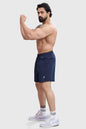 Navy Fuaark Nz Thread Shorts displayed on a model, featuring a casual fit and lightweight fabric for comfortable summer wear.