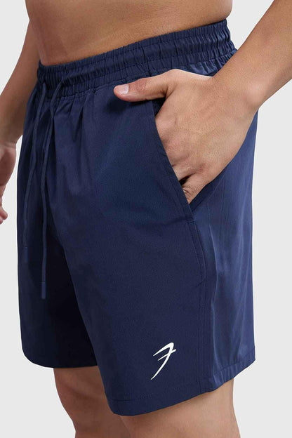 Navy thread shorts by Fuaark Nz, casual men's shorts with visible stitching and a relaxed fit displayed on model.