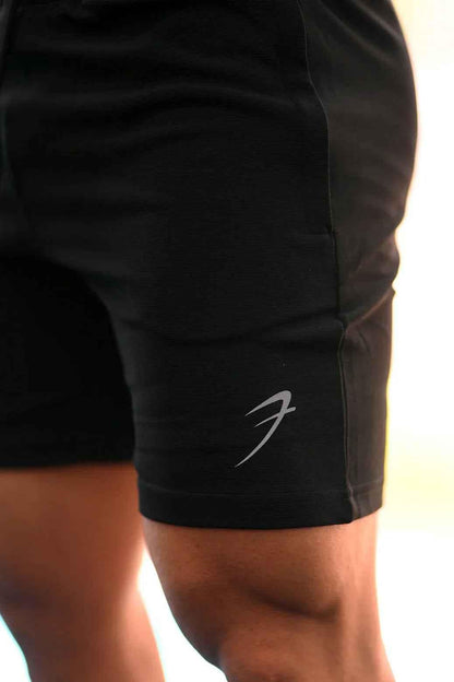 Fuaark Nz Ultra Black Shorts for men, showcasing a comfortable fit and sleek style in a close-up image.