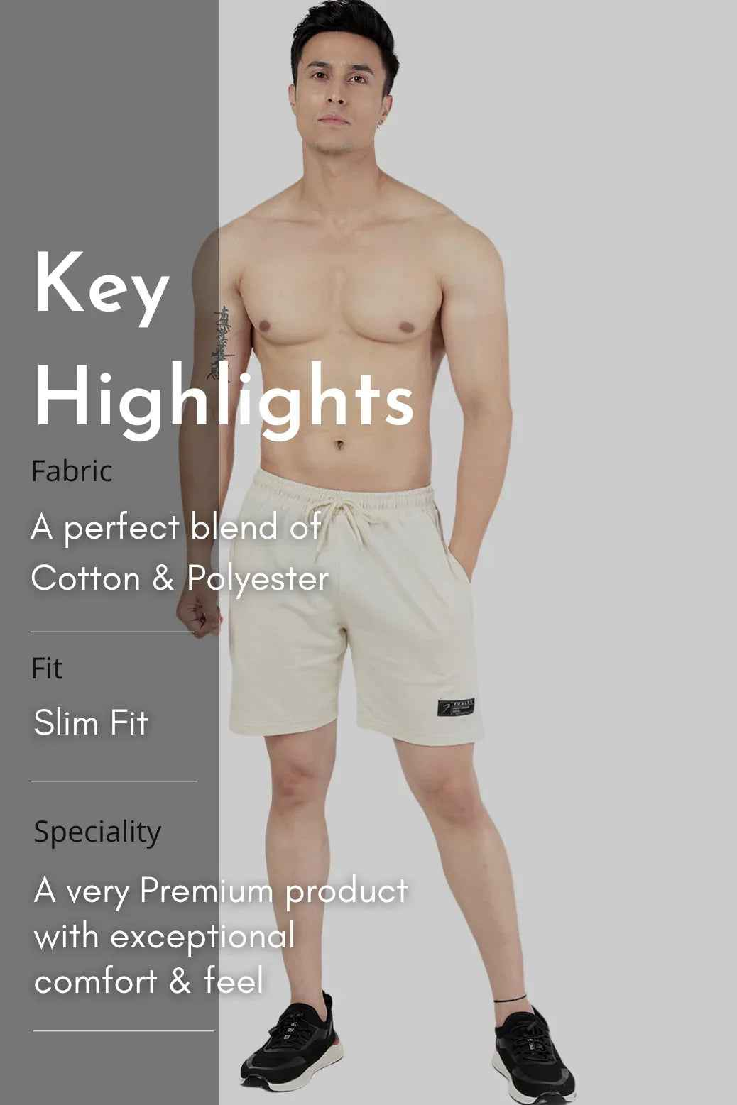 Beige Fuaark NZ Venture Shorts displayed on a model, showcasing casual fit and lightweight fabric for outdoor or everyday wear.