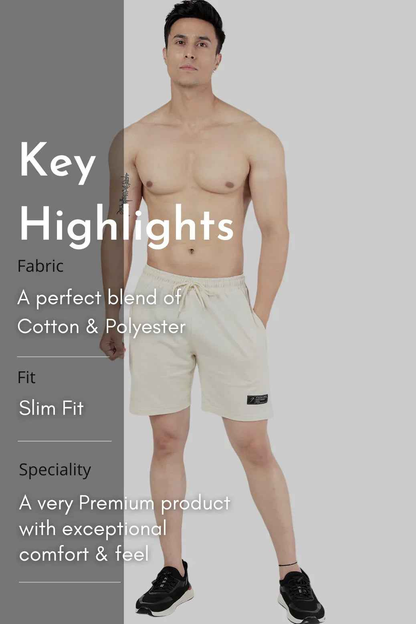 Beige Fuaark NZ Venture Shorts displayed on a model, showcasing casual fit and lightweight fabric for outdoor or everyday wear.