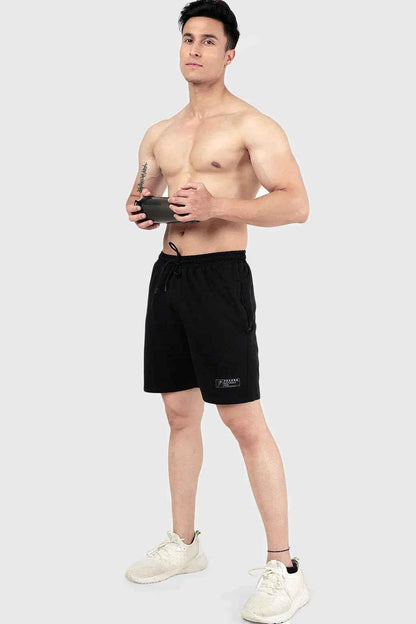 Black Venture Shorts by Fuaark Nz, showcasing casual fit with adjustable waistband and side pockets.