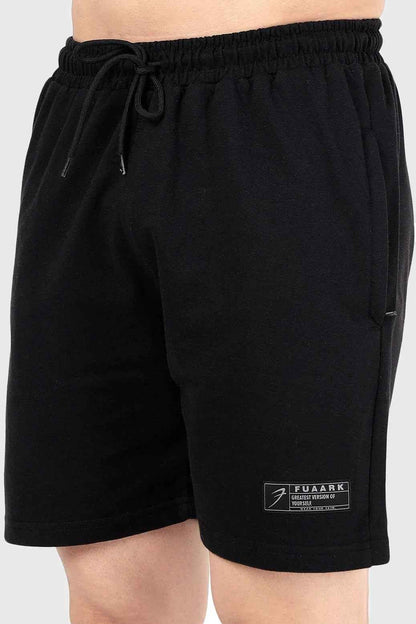 Black Venture Shorts by Fuaark Nz, casual men's shorts with a relaxed fit and sporty design, shown on a model.