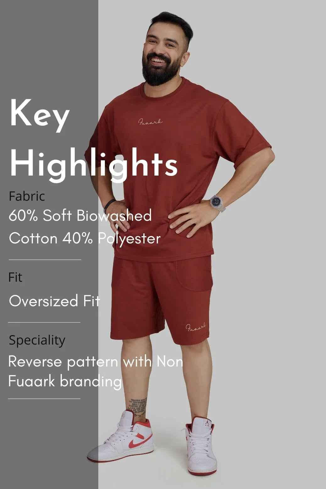 Fuaark Nz Weekend Rust oversized shorts made of soft fabric, shown on a model for ultimate comfort and relaxed style.
