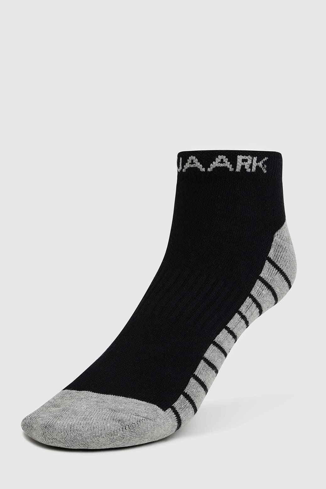 Black and grey Fuaark Nz Legacy ankle socks displayed on a white background.