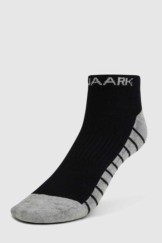 Black and grey Fuaark Nz Legacy ankle socks displayed on a white background.