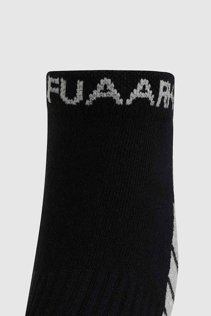 Black and grey Fuaark Nz Legacy Ankle Socks, stylish and comfortable sock design for everyday wear.