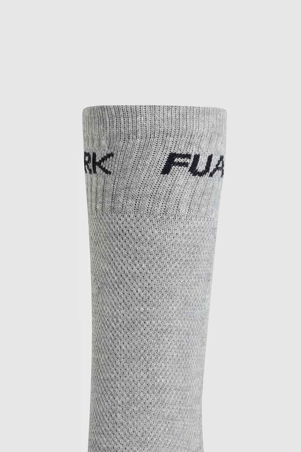 Grey Fuaark NZ Legacy Crew Socks displayed flat, showcasing soft fabric and classic crew length design.