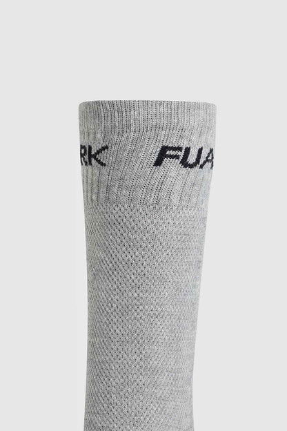 Grey Fuaark NZ Legacy Crew Socks displayed flat, showcasing soft fabric and classic crew length design.