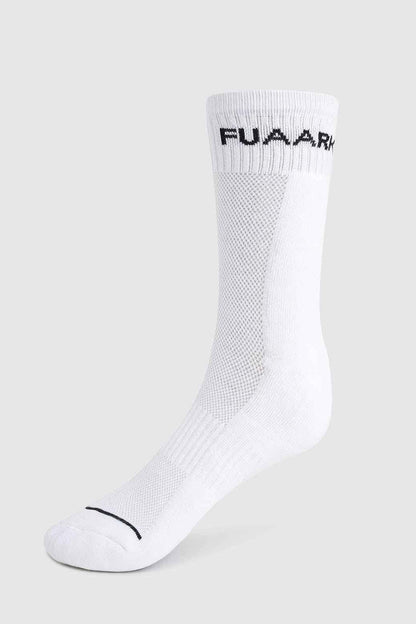 White Fuaark NZ Legacy Crew Socks displayed flat with ribbed cuffs and soft knit fabric for comfort.