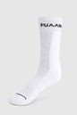 White Fuaark NZ Legacy Crew Socks displayed flat with ribbed cuffs and soft knit fabric for comfort.