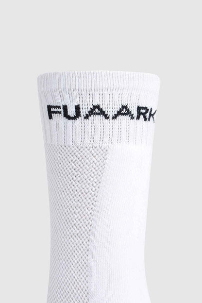 White Fuaark NZ Legacy Crew Socks displayed flat, showcasing the soft fabric and classic crew length for comfortable wear.