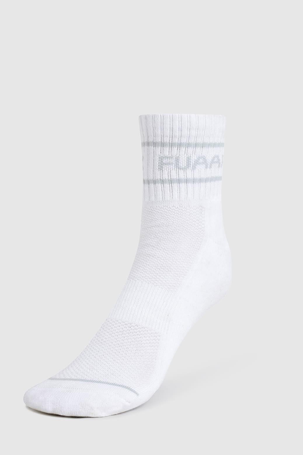 White and grey Fuaark NZ Legacy Quarter Socks displayed flat, showing the comfortable sock design and branding details.