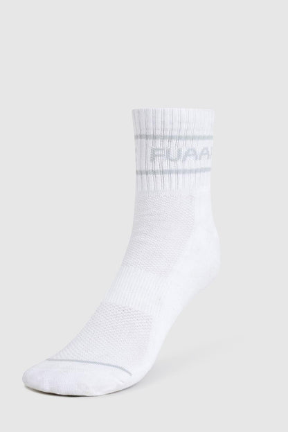White and grey Fuaark NZ Legacy Quarter Socks displayed flat, showing the comfortable sock design and branding details.