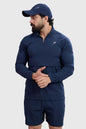 Navy Fuaark Nz Thread Pullover sweater with a crew neck and ribbed cuffs, displayed on a hanger.