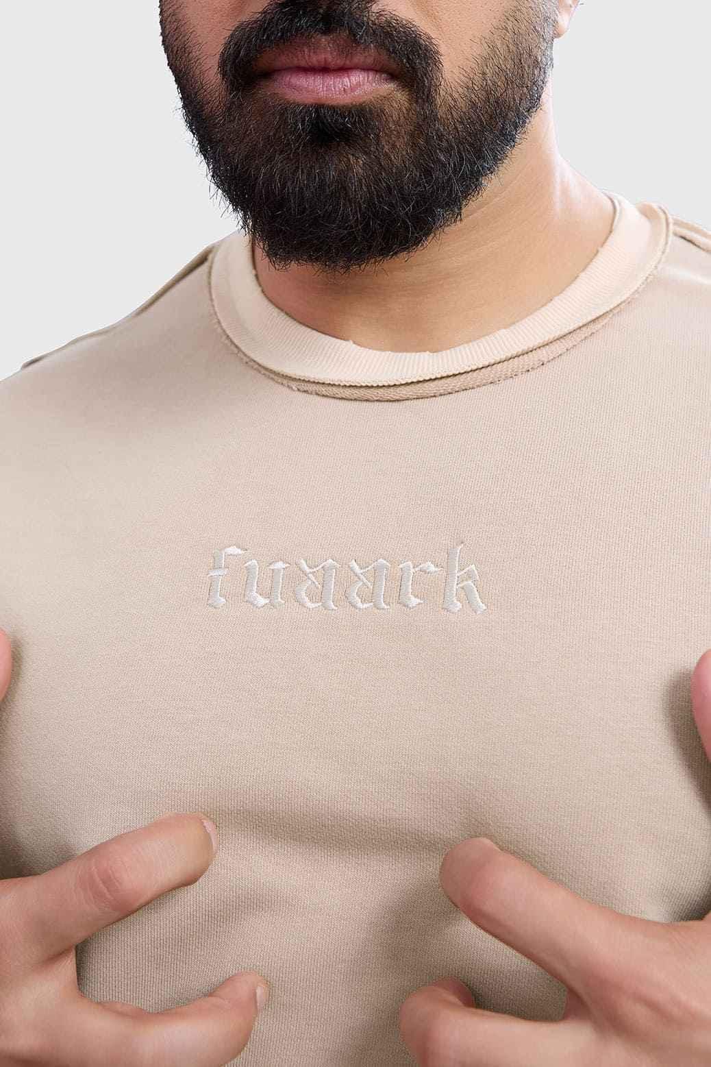 Beige Fuaark NZ raw sweatshirt displaying a comfortable, stylish fit perfect for casual wear and performance.