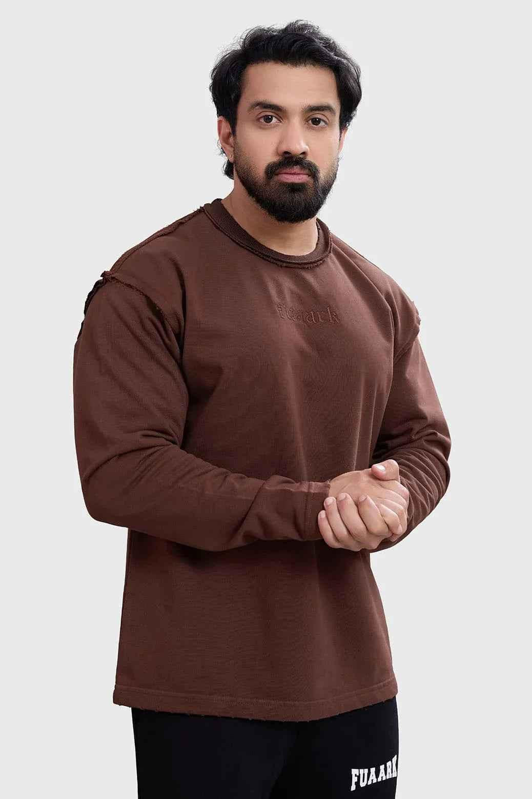 Brown Shell Raw Sweatshirt by Fuaark Nz, casual sweatshirt with a cozy fit and textured shell pattern, ideal for comfortable everyday wear.