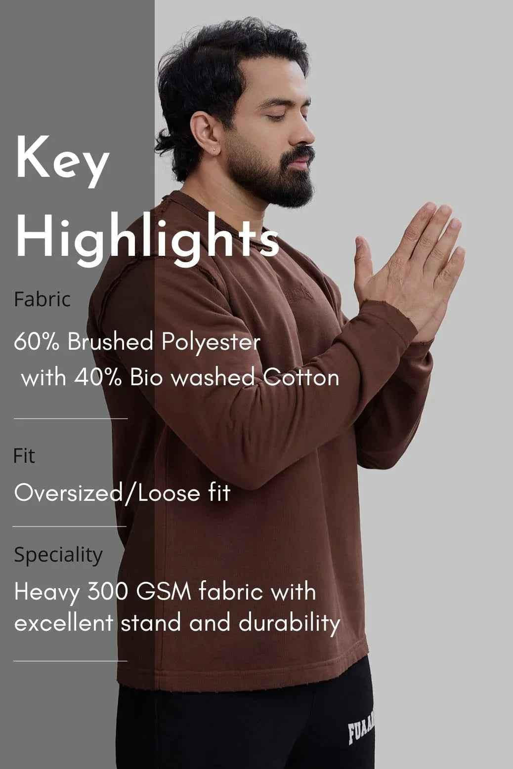 Fuaark NZ brown Shell Raw sweatshirt showing a cozy, relaxed fit with ribbed cuffs and hem in a casual style.