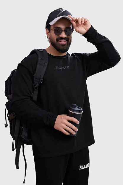 Black Shell Raw Sweatshirt by Fuaark Nz featuring a casual fit and soft fabric, displayed on a neutral background.