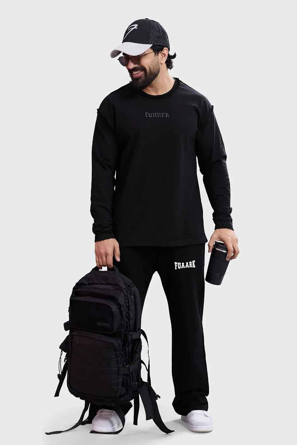 Black Shell Raw Sweatshirt by Fuaark Nz, featuring a casual fit and soft fabric, displayed on a neutral background.
