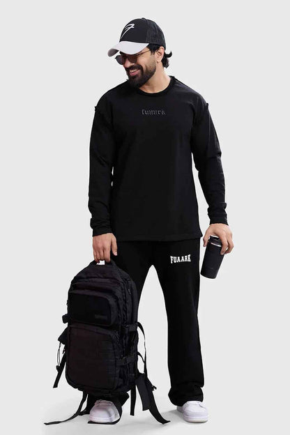 Black Shell Raw Sweatshirt by Fuaark Nz, featuring a casual fit and soft fabric, displayed on a neutral background.