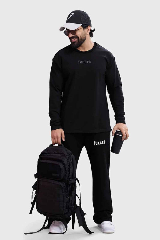 Black Shell Raw Sweatshirt by Fuaark Nz, featuring a casual fit and soft fabric, displayed on a neutral background.