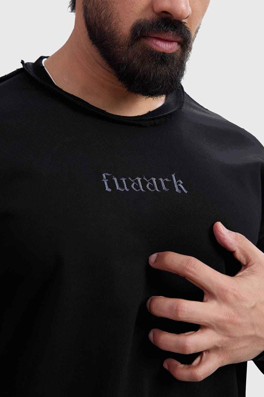 Black Shell Raw Sweatshirt by Fuaark Nz featuring a comfortable fit and casual style, shown on a model.