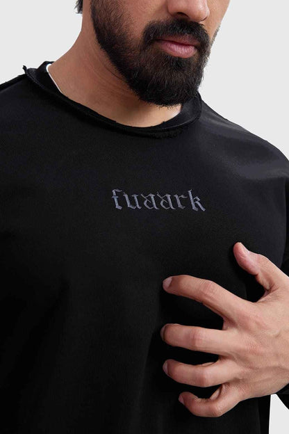 Black Shell Raw Sweatshirt by Fuaark Nz featuring a comfortable fit and casual style, shown on a model.