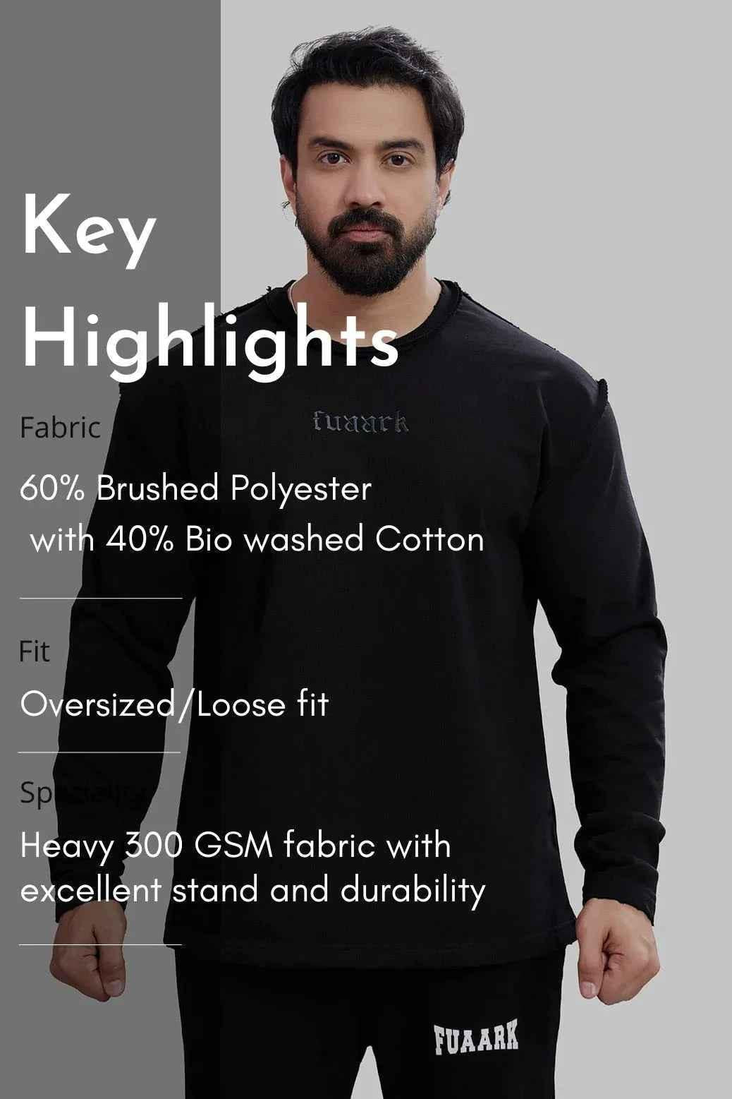 Black Shell Raw Sweatshirt by Fuaark Nz, featuring a casual fit and soft fabric, shown on a model.