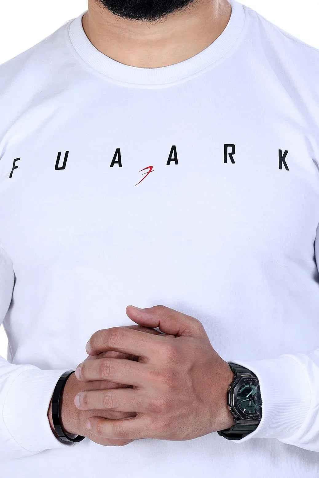 White fall sweatshirt by Fuaark NZ, featuring a cozy, casual design perfect for autumn wear.