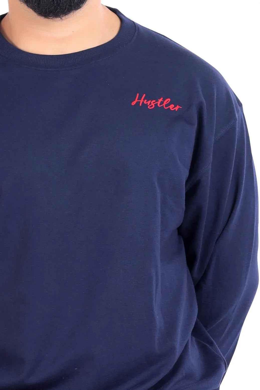 Fuaark Nz navy Hustler oversized sweatshirt, casual fit, soft fabric, and stylish design, displayed on a hanger.