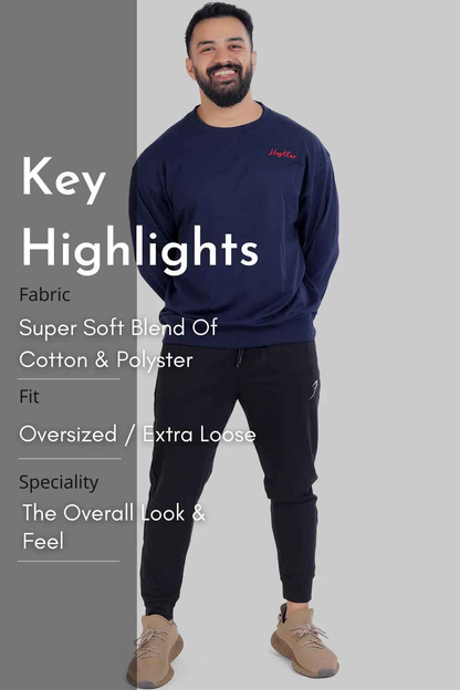 Fuaark Nz navy oversized Hustler sweatshirt, made of soft fabric, featuring bold Hustler graphic on the front, relaxed fit.