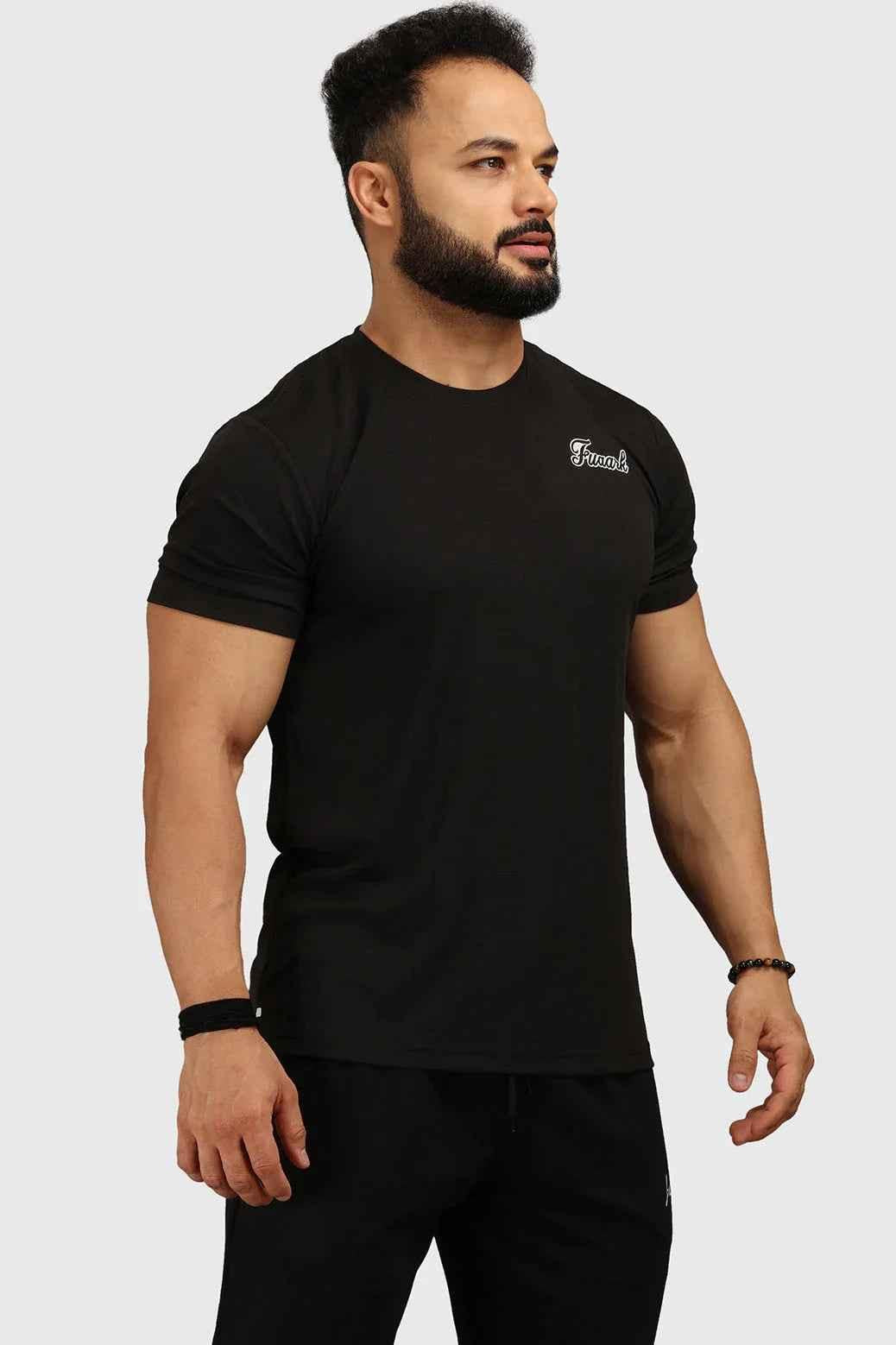 Fuaark Nz black checks T-shirt with a classic regular fit, stylish pattern, and casual wear appearance.