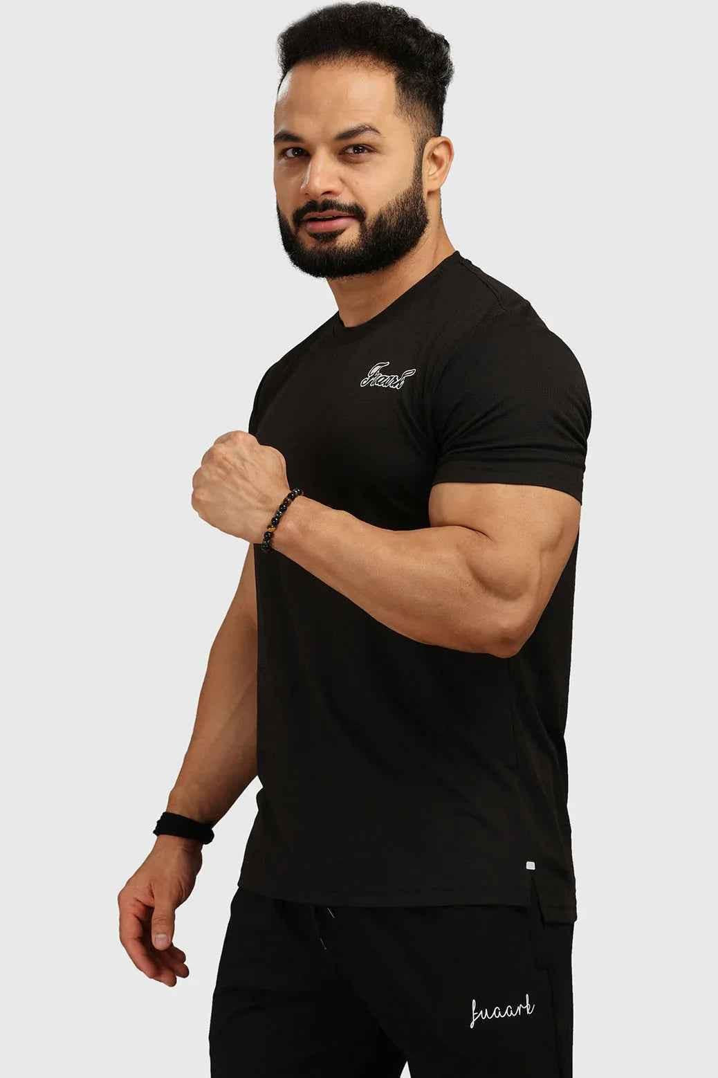 Fuaark Nz stylish black checks T-shirt with regular fit, featuring a classic checkered pattern and crew neckline.