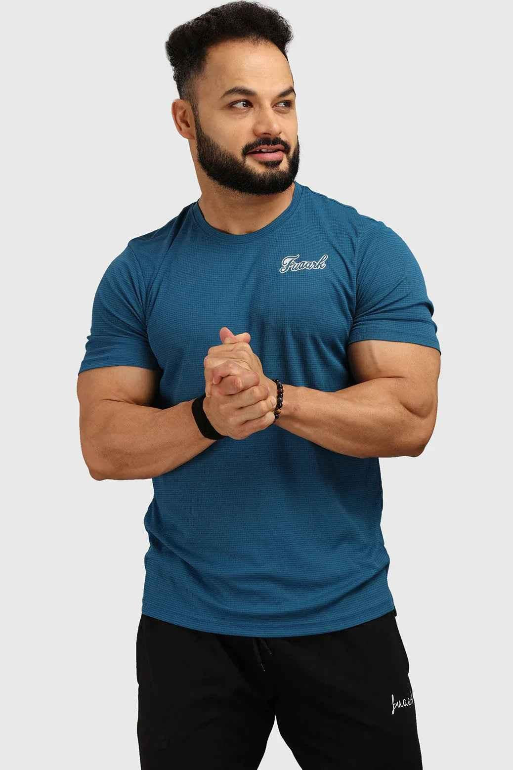 Fuaark Nz teal checks regular T-shirt, casual short-sleeve T-shirt for men, featuring a stylish checkered pattern.