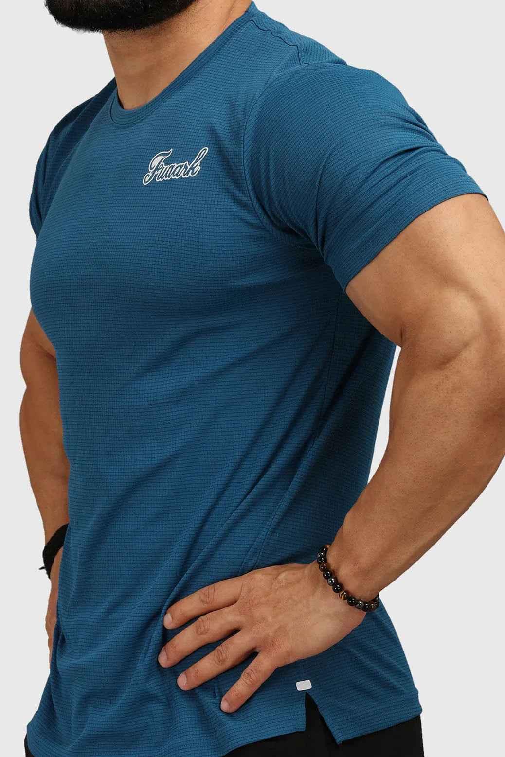 Fuaark Nz teal checks regular T-shirt, casual cotton T-shirt with a classic check pattern and round neckline, front view.