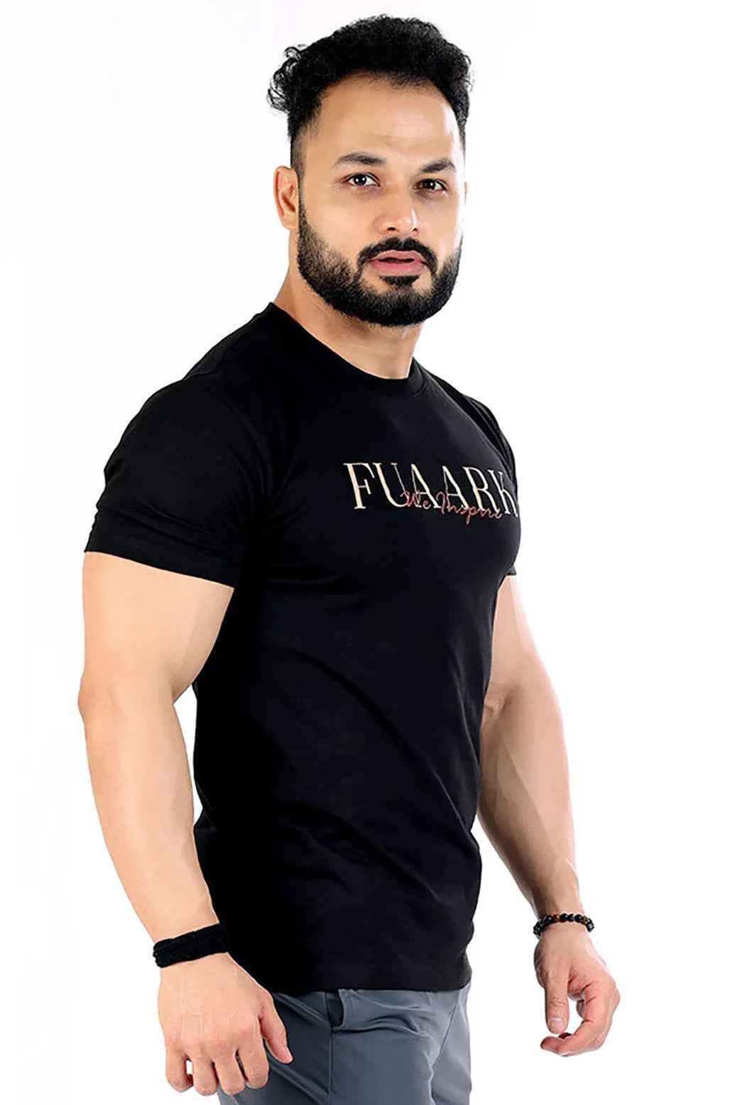Fuaark Nz classic black and brown T-shirt with a simple crew neck and short sleeves, perfect for casual wear.