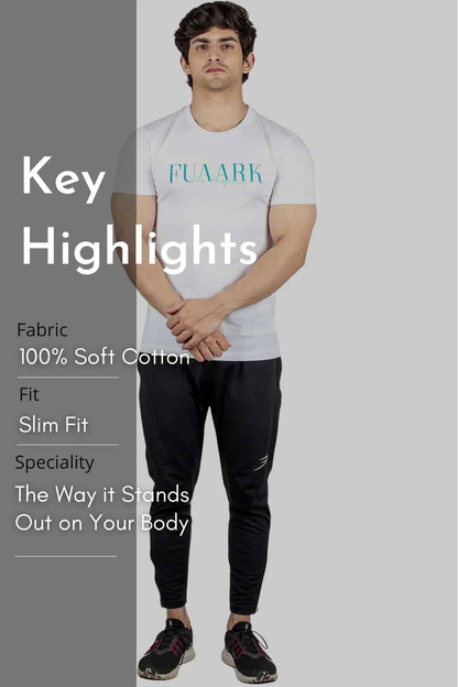 Fuaark Nz classic white T-shirt for men, made from soft cotton, showcasing a clean, timeless design and comfortable fit.