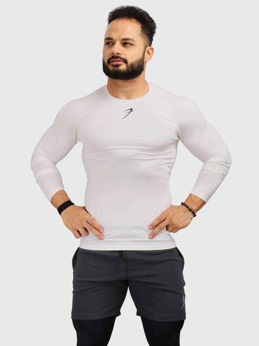 White compression full-sleeves T-shirt by Fuaark Nz, designed for enhanced athletic performance and muscle support.